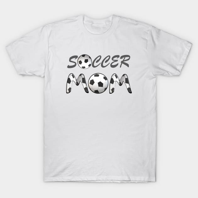 Soccer Mom. Soccer Balls and Black and White Soccer Patterned Letters. (White Background) T-Shirt by Art By LM Designs 